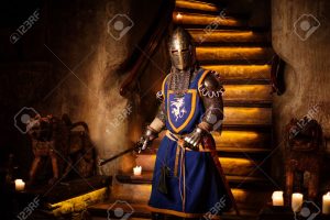 Medieval knight on guard in ancient castle interior.