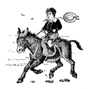 Antique children's book comic illustration: boy riding donkey