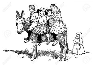 Donkey Ride where four children riding a donkey, vintage line drawing or engraving illustration.